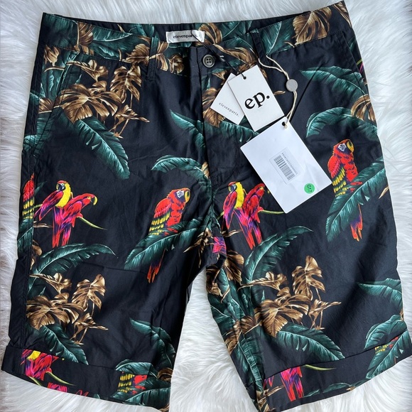 🆕 Eleven Paris Men's Tropical Parrot Print Bermuda Shorts Size L Multicolor - Picture 1 of 11